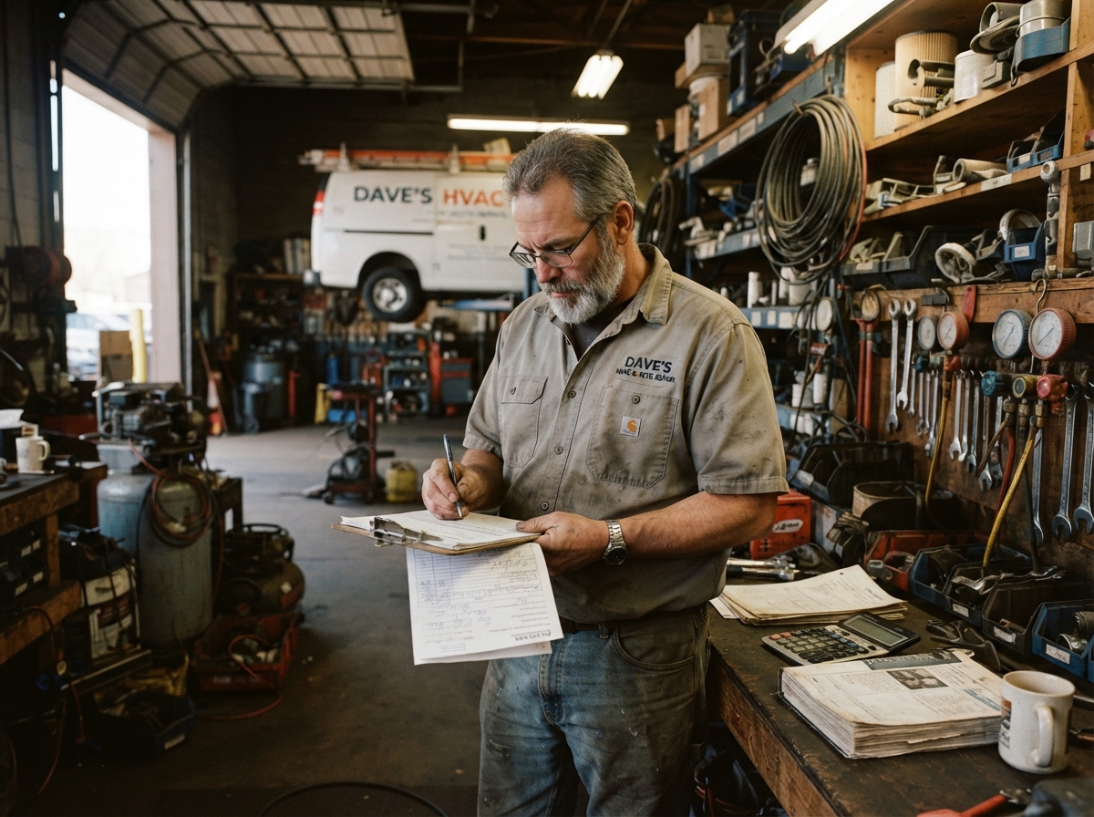 Trade business owner reviewing paper job receipts and invoices in workshop